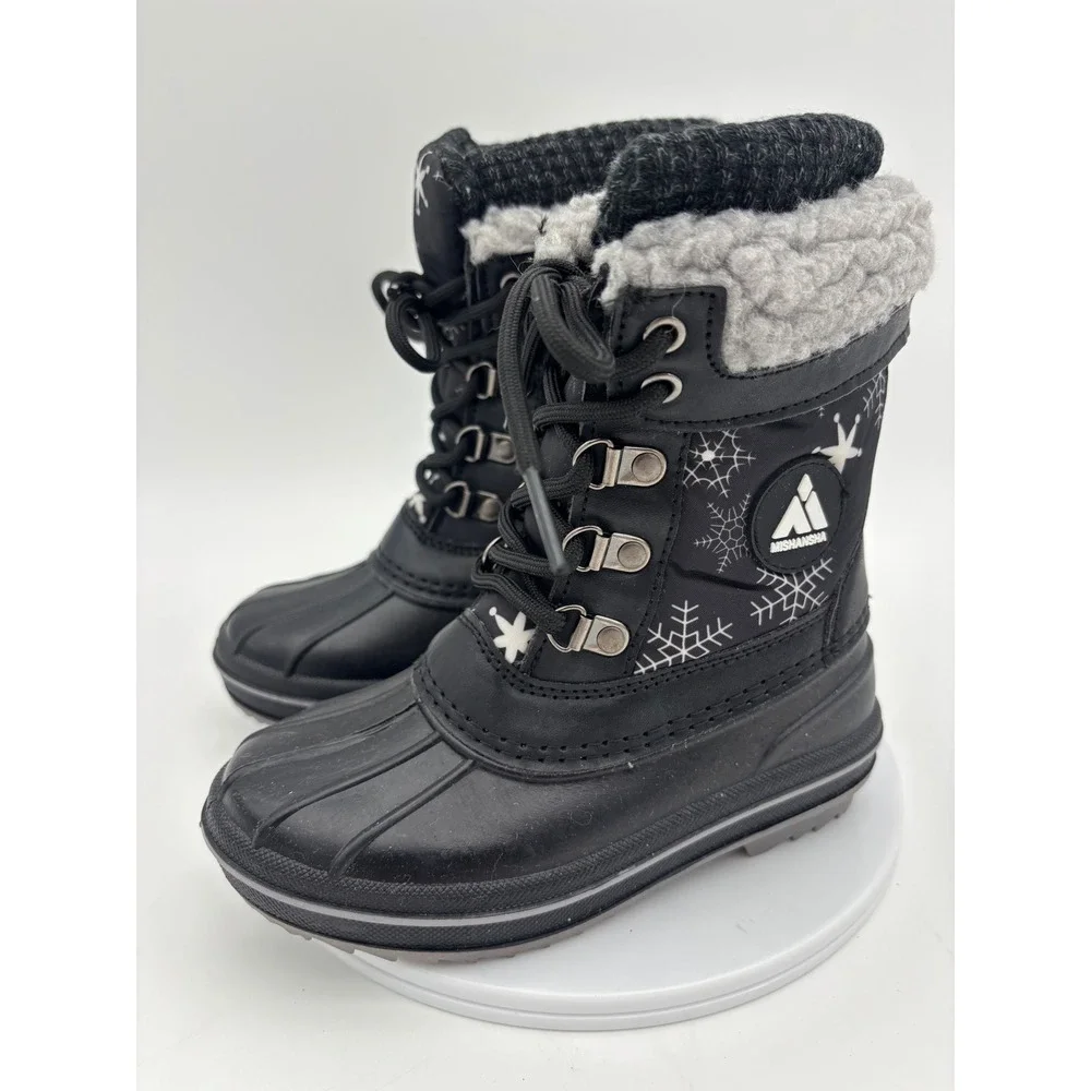 NEW Kids Snow Boots Black Faux Fur Lined Waterproof Winter Snow Shoe Toddler 10